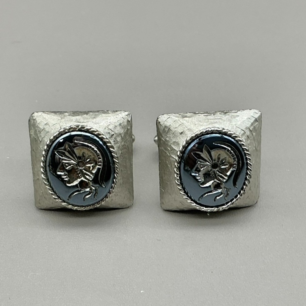 SWANK Vintage Roman‎ Warrior Black Cameo Silver Tone Mens Cufflinks